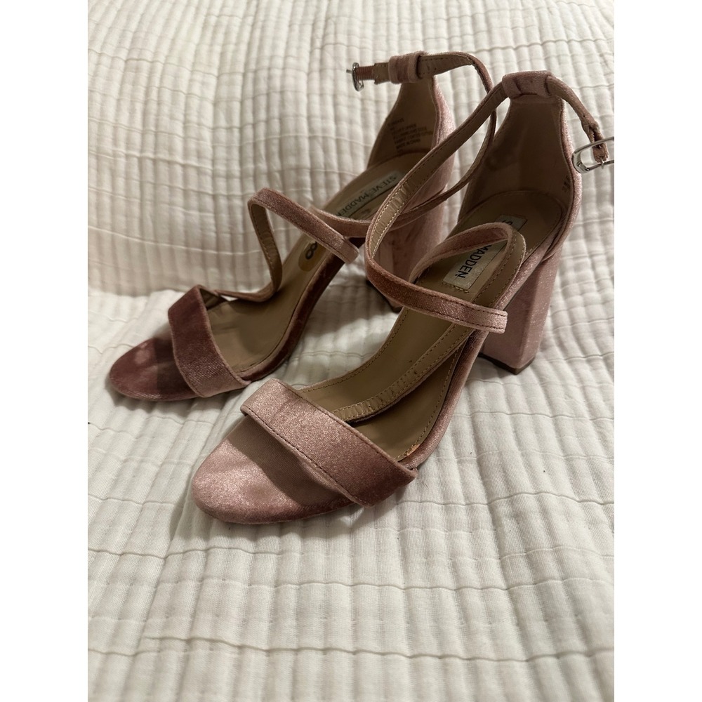 Steve Madden Sundaze Pink Velvet Block Heel Sandals Size 8M Open Toe Strappy